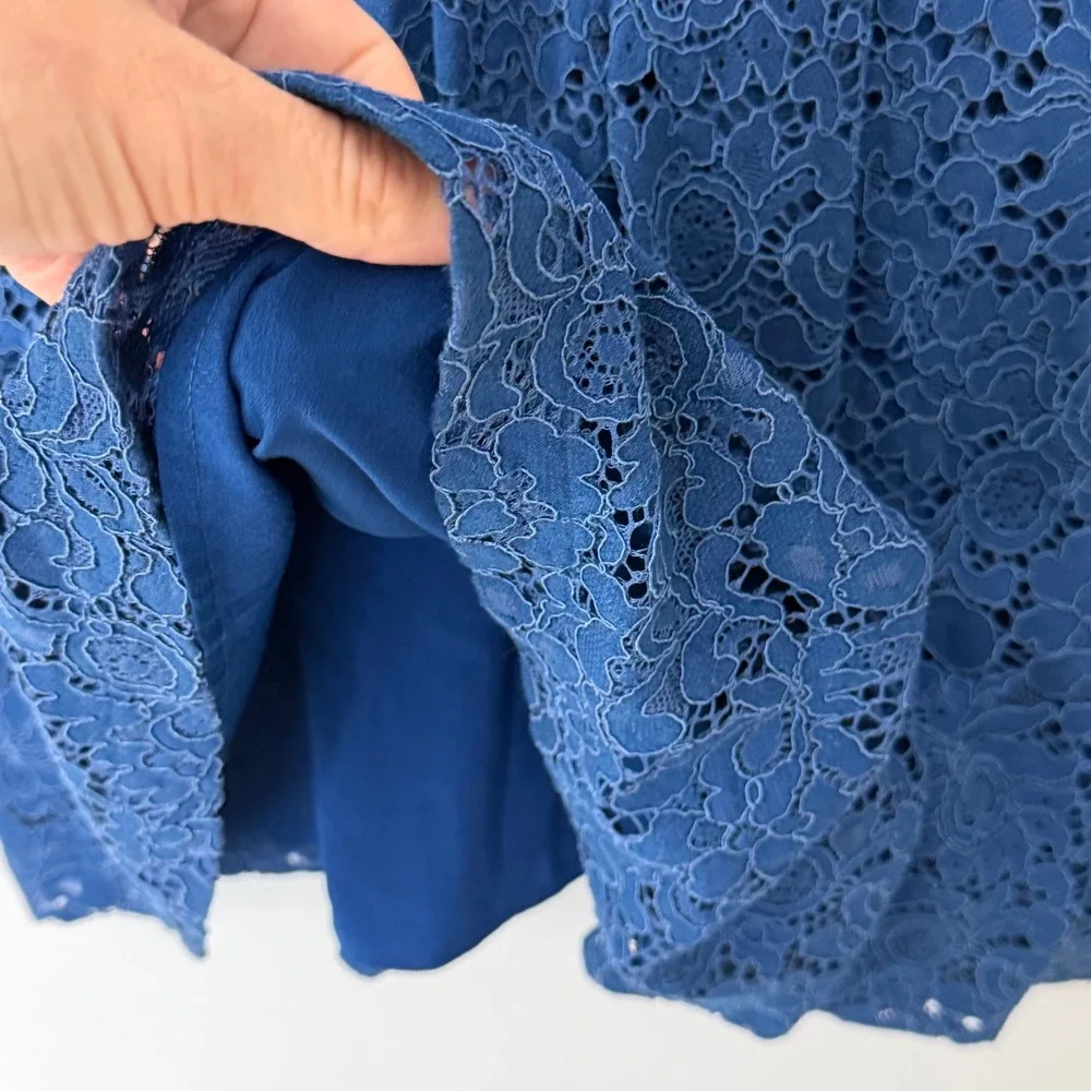 Free People Lovely In Lace Mini Dress L Blue Cutout Back Pockets Boho Coquette